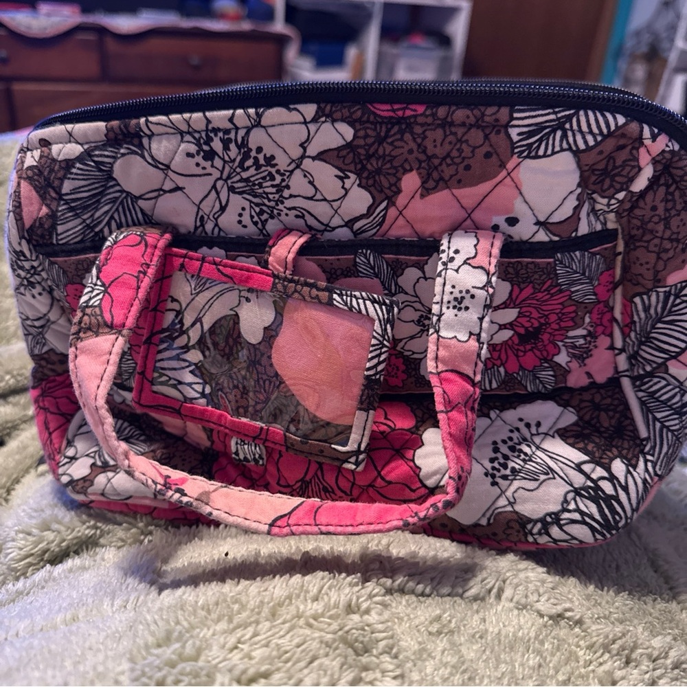Vera Bradley Pink and Brown Cosmetic Bag with Floral Design